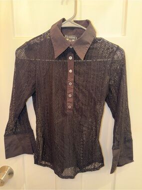 bebe Black Lace Button-Front Collared Shirt